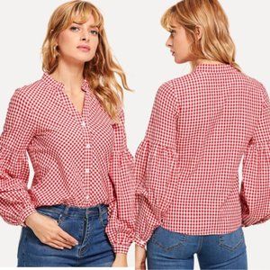 🔵 #25 Camila Red Gingham Checker Bishop Balloon Sleeve Button Down Top